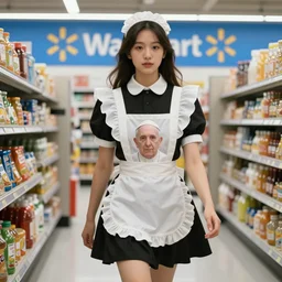 French maid with Pope Francis's face walking through Walmart