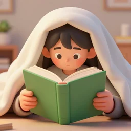 girl reading a massive green book under the blankets, warm light, matte painting, akira concept art, 3 d cell shading render
