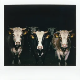 polaroid photograph of several cows looking at the camera, in creepy forest, night, eyes glowing from camera flash