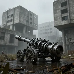 heavy mechanical weapon by Ian McQue, concrete brutalism buildings by le corbusier on the background, dark, foggy, puddles of water, woods, high quality, volumetric lighting, cryengine
