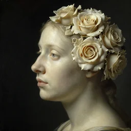 a womans face in profile made of roses ivory in the style of the dutch masters and gregory crewdson dark and moody
