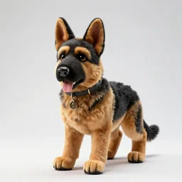 plush toy german shepherd, high detail photograph, full body, isolated on a pure white background, centered, entire subject in frame, sharp focus, soft studio lighting