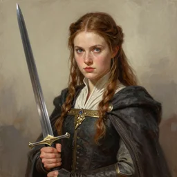 drawing painting portrait of a noble young woman with a sword in style of game art lord of the rings banner saga ashes of gods frank miller alex ross trending
