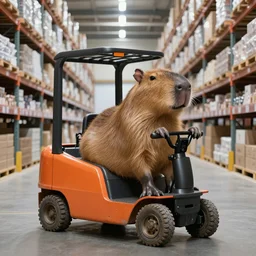 a personified capybara using a folklift in a massive warehouse, realistic, 8k