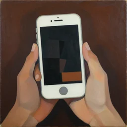 A painting of a phone in a persons hand, abstract painting in the style of Sophie Taeuber-Arp and Gary Hume and Tatsuro Kiuchi, flat colour-block style, geometric abstraction, dark earthy colours