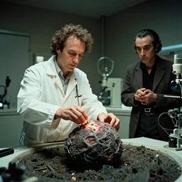 the scientist creates new life, film still from the movie directed by denis villeneuve and david cronenberg with art direction by salvador dali, wide lens