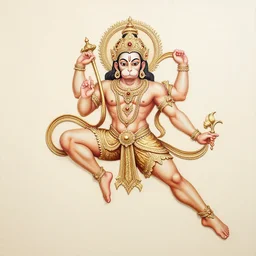 a full body centered!!!!!!!!! portrait of a sole beautiful ornated hanuman god, leaping across the canvas on a front split pose, intricate, elegant, highly detailed, digital painting, artstation, concept art, smooth, sharp focus, colored illustration for tattoo, art by krenz cushart and artem demura and alphonse mucha