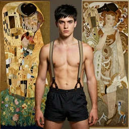 Alex Jones with black hair pixie cut in shorts with suspenders drawn by rembrandt, norman rockwell, frank frazetta, peter paul rubens, alphonse mucha, gustav klimt 4k, unreal 5, DAZ, french noveau, octane render, hyperrealistic