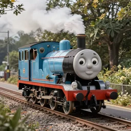 Thomas the tank engine walks down the street