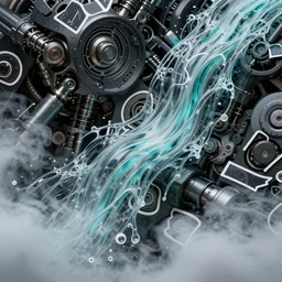 hyper detailed hyper mechanical patterns, ,flowing water and airflow, volumetric fog, stained stickers +black paper, teal, white accents and outlines, cinematic, ornated, filigree, symmetrical, fine faded glowing outlines, golden faded ornated borders, highly detailed, ink illustration, style of Peter Mohrbacher and doug mahnke, mathematics+geometry, moebius, artgerm, golden ratio