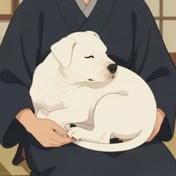 tired white pitbull puppy curled up on a japanese man's lap, classic japanese art style