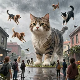 giant cats and dogs are falling from the sky like rain, bystanders watching from the sides, 4 k, by ariduka 5 5, monokubo, artstation,
