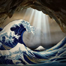 cave with light rays by moebius, james jean, hokusai