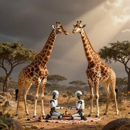 robot - giraffes, having a picnic