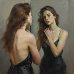 hyperrealism oil painting of a sensual fashion model looking in mirror