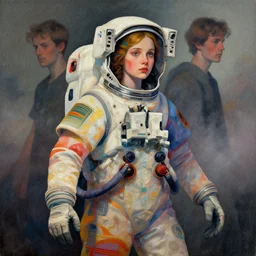 ( ( dithered ) ), portrait of a young astronaut girl, colorful, modern art deco, mads berg, karolis strautniekas, christopher balaskas, stippled light, fog, moody, fine texture, editorial illustration, dramatic lighting, dynamic composition, detailed, matte print, dynamic perspective, muted color