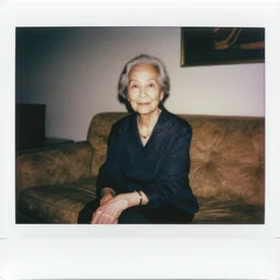 an elderly woman sitting in a living room designed by yohji yamamoto, polaroid