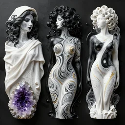3 d liquid simulation, black ink, octane render, xparticles, abstract female bodies, intricate patterns, female face mixing in white blanket, white carved abstract sculpture, amethyst mineral quartz sculpt, swirly curls, abstract white fluid, golden edges and fractals, wasili kandinski, artstation, render, cinema 4 d, art noveau fresco, liquid acrylic painting