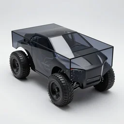 reflective dark glass and plastic rectangular box - shaped car with fat tires and exposed carbon fibre generative design structure, insect - like