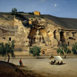 mogao grottoes, camp, night, painting by gaston bussiere, j. c. leyendecker