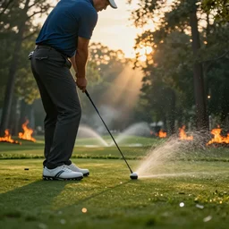 close-up of an athletic golf player in a lush golf course with automatic watering, low angle, magical lights, golden hour, surrounded by burning forests, smoke from the fire, digital painting, cinematic, 4k, forest ray light, particles light, by sasha kalinkin, Noah Bradley, ilya kuvshinov,