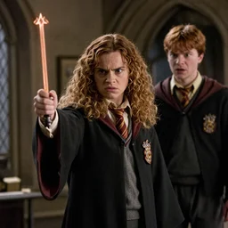 an angry hermione casting a spell at a scared ron