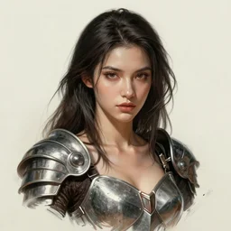 tattoo design, a professional painting of a beautiful young female, partially clothed in battle armor, olive skin, long dark hair, beautiful bone structure, upper body, symmetrical facial features, intricate, elegant, digital painting, concept art, smooth, sharp focus, illustration, from Metal Gear, by Ruan Jia and Mandy Jurgens and Greg Rutkowski and Artgerm and William-Adolphe Bouguerea and artgerm