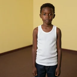 black boy wearing a white tank top, standing in a room with yellow walls and brown carpet