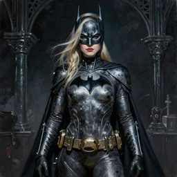 a striking hyper real painting of Elle Fanning as batgirl, dark, metal, occult, by Edward Hughes