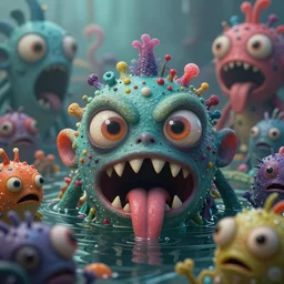 intricate colourful murky with strange cute friendly angry crazy creatures with huge beauty eyes / long tongue triangle teeth and scary face appearing from the water, in the style of craola, shallow depth of field, highly detailed, digital painting, trending artstation, concept art, illustration, cinematic lighting, vibrant colors, photorealism, epic, octane render