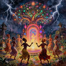 african women dancing around a glowing, energized, steampunk neon portal near the electric tree of life in a lightning storm, by greg rutkowski. oil on canvas, afropunk!, afrofuturism, detailed and intricate environment, radiant lighting. highly detailed. masterpiece