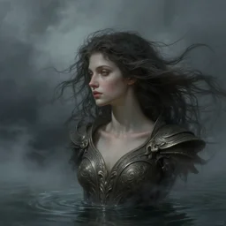 deer faced goddess in cloudy murky water!!!, windy hair, atmospheric moody, dark surreal seductive! cinematic volumetric lights, bust portrait, dnd, fantasy, intricate, elegant, highly detailed, digital painting, artstation, concept art, smooth, sharp focus, illustration, art by artgerm and tom bagshaw and greg rutkowski and alphonse mucha