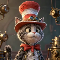 complex 3 d render, hyper detailed, ultra sharp, cat in the hat, scary, cute, cinematic, head and shoulders, steampunk, natural soft light, rim light, octane render, artstation, art by artgerm and greg rutkowski and alberto seveso, dr seuss