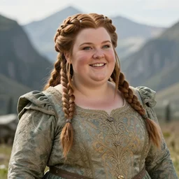 beautiful dwarven lady wearing an elegant brocade dress in the mountains, dungeons and dragons, lord of the rings, intricate, realistic, cheerful, complex braided hair, chubby and plump, big nose, greg staples and jeff easley, sharp focus, sunlight, soft lighting