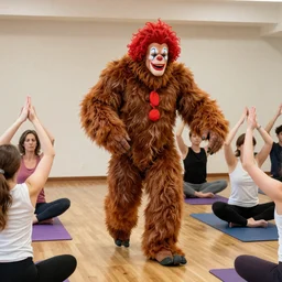 a Bigfoot clown leads a yoga class. AP photograph