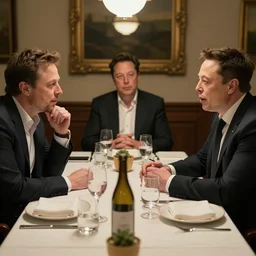 bussines dinner between mark zuck, peter thiel and elon musk, cinematic shot