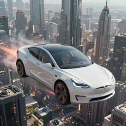 “Elon musk in a very detailed sci fi city flying on a hover Tesla”