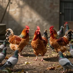 a social gathering of gangster chickens and pigeons