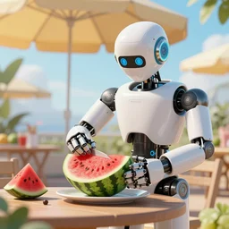 a robot cutting watermelon under a sun umbrella on a summer day, sharp focus, smooth, featured in artstation, digital painting, concept art, cinematic lighting, unreal engine 5