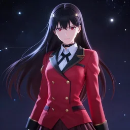 portrait of Yumeko Jabami from Kakegurui as the Goddess of the Multiverse, rule of thirds, captivating glowing lights, posing for Dolce and Gabanna, seductive, revealing, set on interstellar space, photo realistic by Yaşar VURDEM , artstation, unreal engine, character concept art by Moebius, high quality printing, printed on glossy aluminum canvas