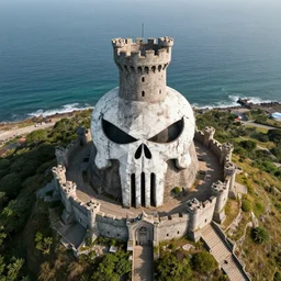 aerial view of a punisher fortress from above on a hill by the ocean. castle tower is shaped exactly like the punisher symbol detailed