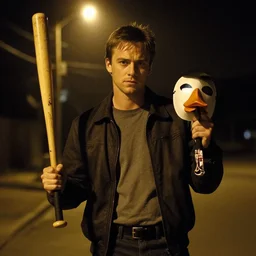 Ryan gosling in Drive (2011) holding a baseball bat on his left hand and a goose mask on his right hand, grain, night, illuminated by a street light, atmospheric