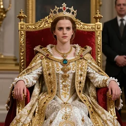 model Emma Watson sitting on queens throne royalty wearing royal mantle gold jewelry by moebius and atey ghailan by james gurney by vermeer by George Stubbs