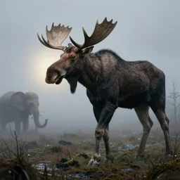 tall dark moose in creepy foggy bog dali the elephants style walking toward a light, surrealist