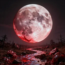 a huge moon made out of bloody flesh above a river of blood, detailed, very detailed, high quality, high contrast, vibrant,
