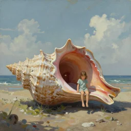 painting of a single giant seashell house where a young girl lives , by john harris and moebius, atmospheric, concept art