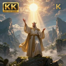 a powerful cleric casts a spell that shines down the sun on the mountains. beautiful fantasy art, landscape, epic lighting, any racial background, artstation, award winning, trending, 8 k