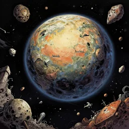 very detailed, prophet graphic novel, ilya kuvshinov, mcbess, rutkowski, simon roy, illustration of a space junk floating around a dead planet, wide shot, colorful, deep shadows, astrophotography