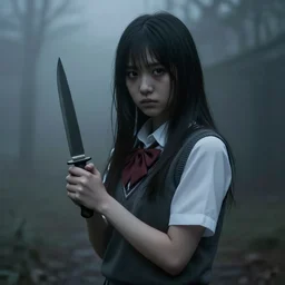 school girl holding a knife, gloomy and foggy atmosphere, octane render, cgsociety, artstation trending, horror scene, highly detailded