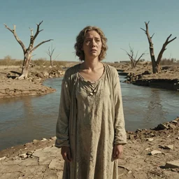 medium shot of a nondescript crying ancient dried up Danu, peaceful, facing the camera and standing in front of a dried up river in a desolate land, dead trees, blue sky, hot and sunny, highly-detailed, elegant, dramatic lighting, artstation, 4k, cinematic landscape, photograph by Elisabeth Gadd, Zdzislaw Beksinski